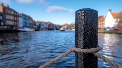 Fototapeta premium Black metal bollard wrapped with rope stands at a harbor dock with blurred historic buildings and water in the background during daytime.