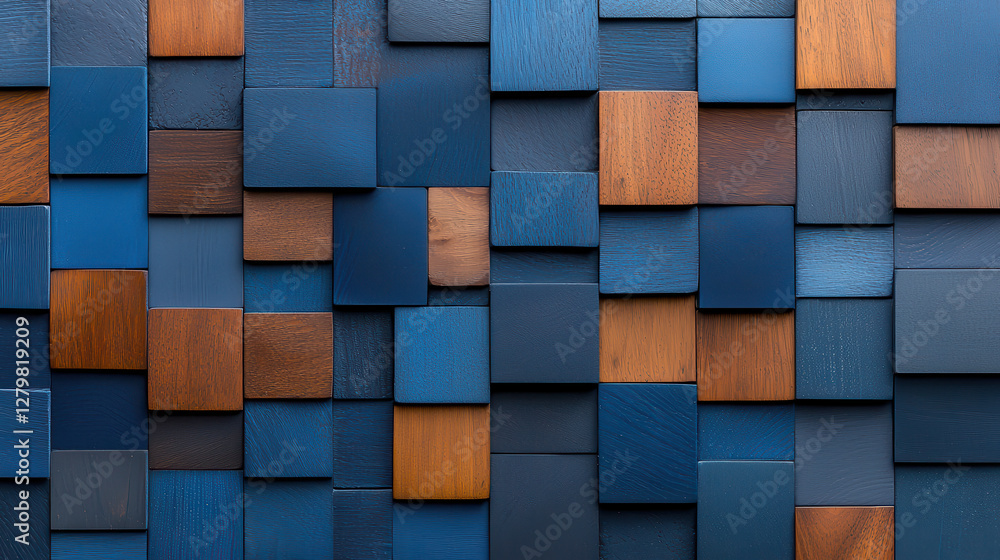 Poster geometric pattern of blue and brown wooden squares creates textured wall design. arrangement of squares adds depth and visual interest, blending modern and rustic elements