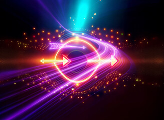 Obraz premium Vibrant double exposure art featuring a glowing circle with arrows and dynamic light streaks against a dark backdrop.