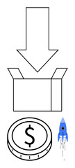 Arrow above box, dollar coin, and rocket signifies delivery, investment, innovation, success. Ideal for business, funding startups shipping finance growth visionary ideas. Abstract line flat