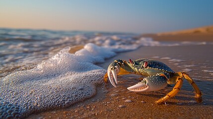 Colorful crab on sandy beach near ocean wave at sunset.