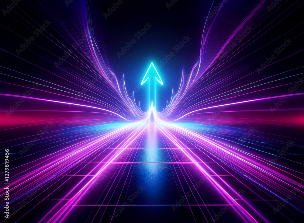 Poster double exposure effect showcasing neon lines converging towards a bright arrow pointing up, creating