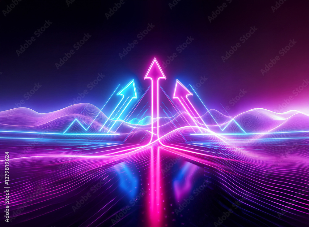 Aufkleber double exposure image of vibrant neon arrows pointing upwards through a wavy landscape. the arrows a