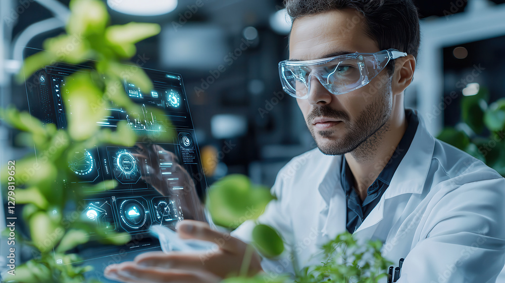 Fototapete scientist in lab coat interacts with digital interface surrounded by plants, showcasing futuristic technology in laboratory setting