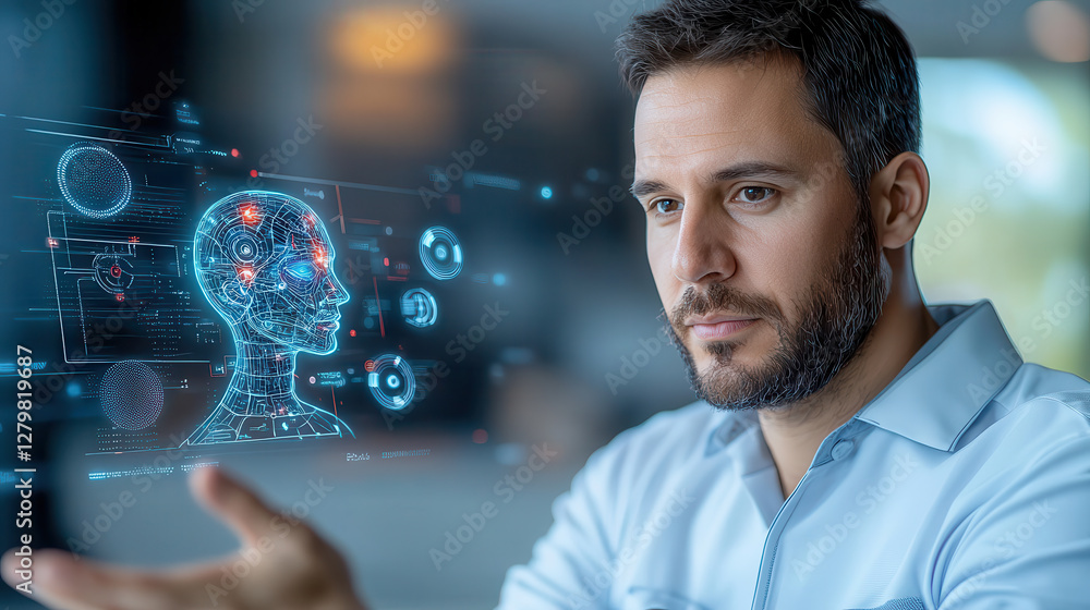 Poster man interacts with digital holographic interface displaying AI technology, showcasing futuristic innovation