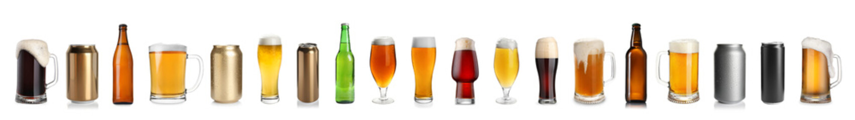 Different types of fresh beer isolated on white, set