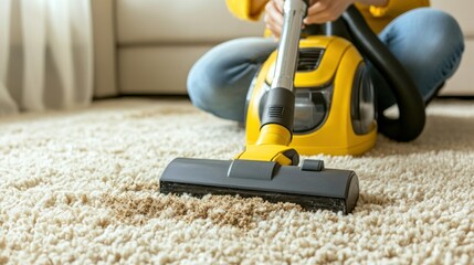 Fototapeta premium Woman vacuuming carpet stain in living room