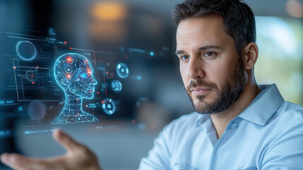 man interacts with digital holographic interface displaying AI technology, showcasing futuristic innovation
