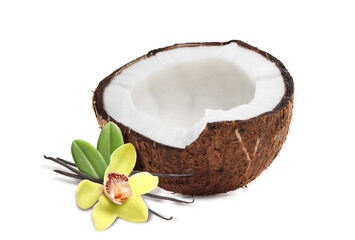 Coconut, vanilla pods and flower isolated on white