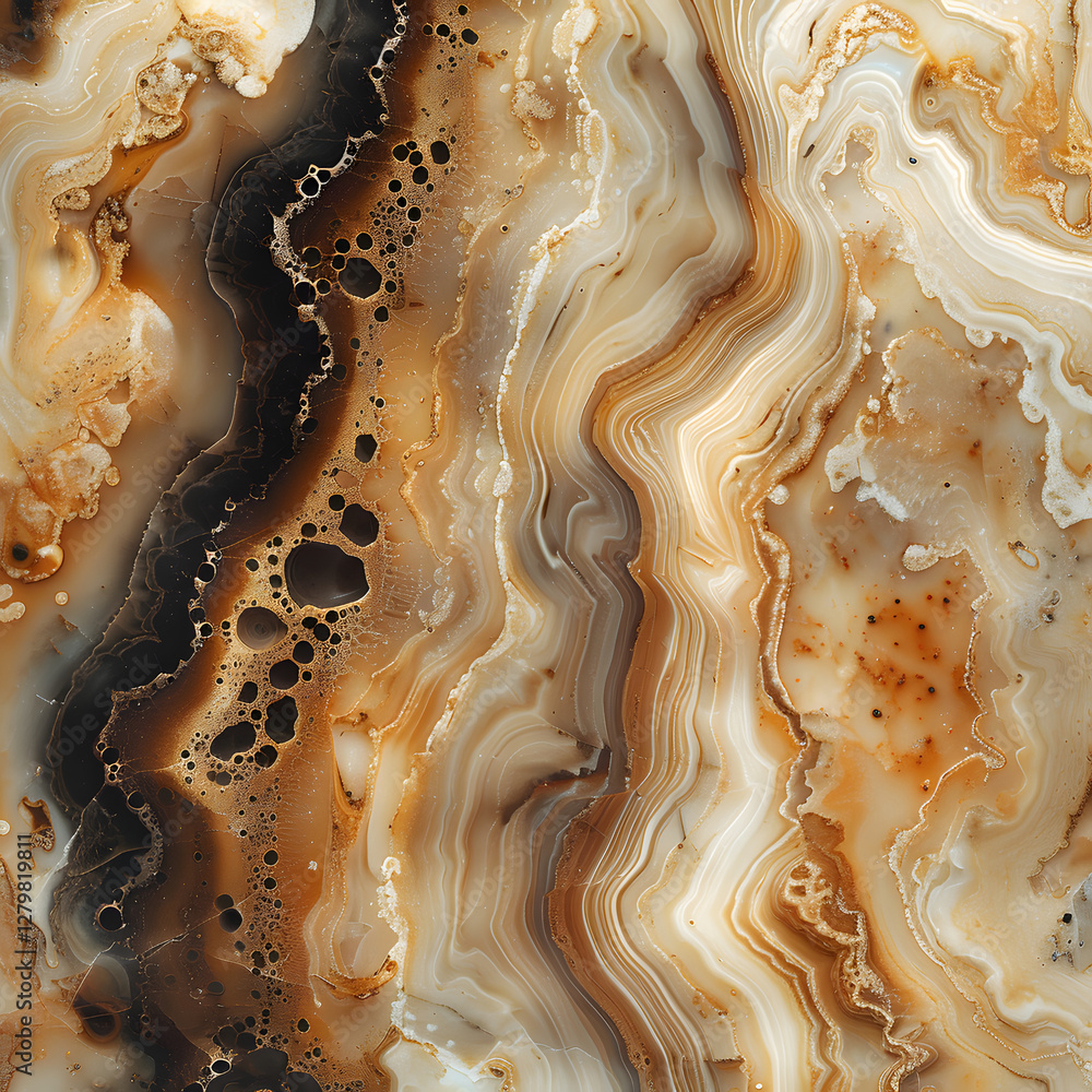 Poster polished agate slice with banded and vesicular structures