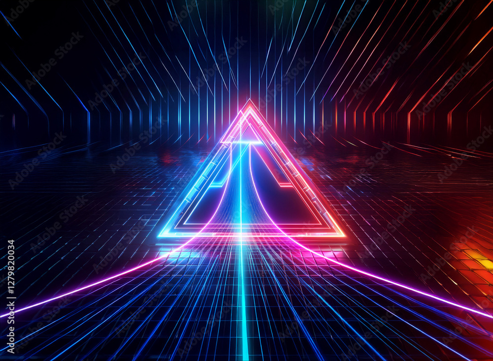 Aufkleber vibrant neon triangle illuminates a dark tunnel, creating a double exposure effect with layered line