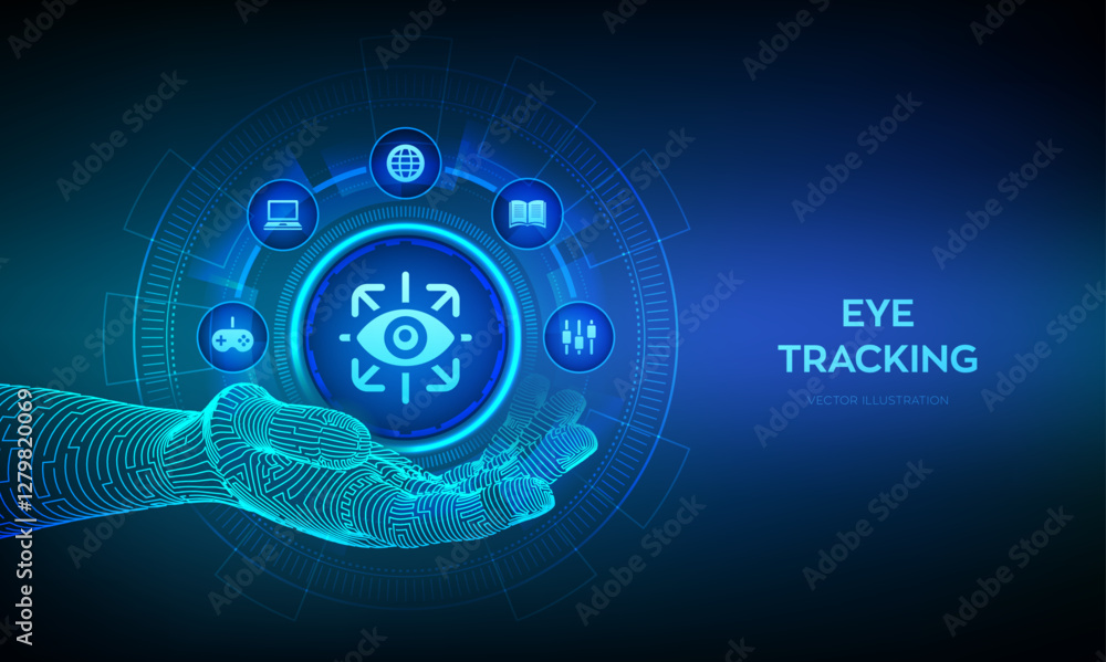 Poster eye tracking icon in wireframe hand. cyber eye. gesture recognition sensor. emotion detection, hands