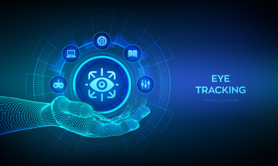 Eye tracking icon in wireframe hand. Cyber eye. Gesture recognition sensor. Emotion detection, hands-free control, motion tracking artificial intelligence technology concept. Vector illustration.