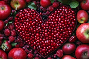 A vibrant heart design made of pomegranate seeds is nestled among red apples and raspberries, showcasing a love for fresh produce. Generative AI