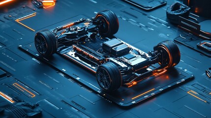 Electric race car chassis, futuristic tech background, design concept