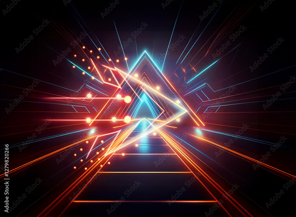 Poster abstract double exposure image features neon triangles and lines in vibrant orange and blue, creatin