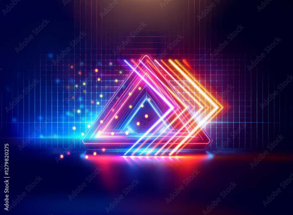 Poster vibrant neon geometric shapes create a double exposure effect, featuring triangles and arrows glowin