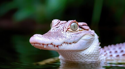 Fototapeta premium Rare white leucistic alligator hatchling peeking out of calm swamp water in a lush green environment.