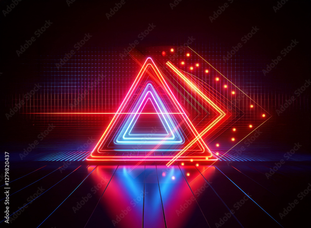 Aufkleber neon triangles in double exposure glow red and blue, creating a futuristic geometric abstract design