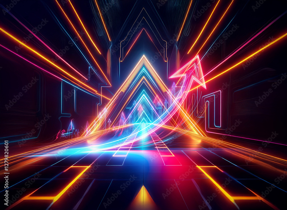 Poster futuristic tunnel with a vibrant neon arrow pointing upwards, showcasing a dynamic double exposure e
