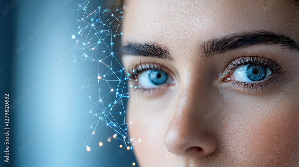 Poster close up of woman face with digital network connections near her eye, symbolizing technology and hum