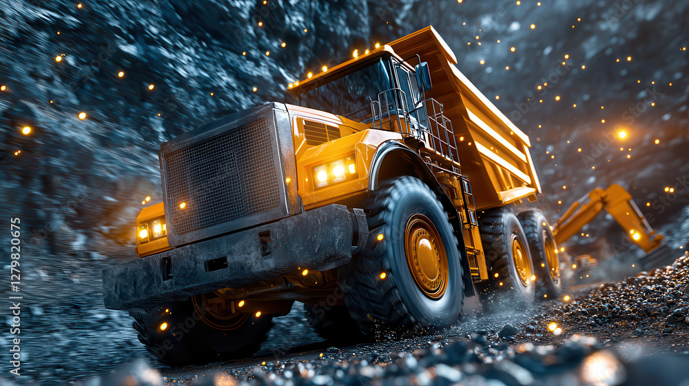 Aufkleber large mining truck navigates deep underground tunnel, surrounded by glowing particles and rugged ter