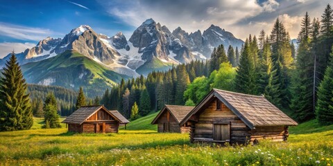 Fototapeta premium Serene Mountain Valley with Rustic Wooden Cabins Nestled in a Lush Meadow of Wildflowers Under a Bright Sunny Sky