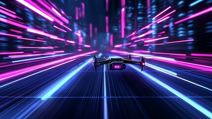 Drone flying futuristic city neon lights, delivery concept