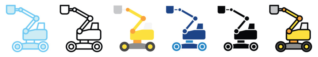 Cherry Picker multi style, mini illustration icon. outline, flat, glyph, line color, UI, UX, app and web, digital or print. related to heavy machinery, industry, road construction theme