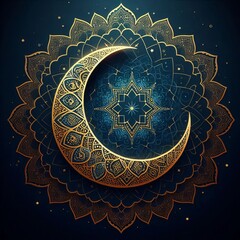 Golden crescent moon and stars in the night sky with a decorative vector design, ramadhan kareem, id fitr