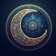Obraz premium Golden crescent moon and stars in the night sky with a decorative vector design, ramadhan kareem, id fitr