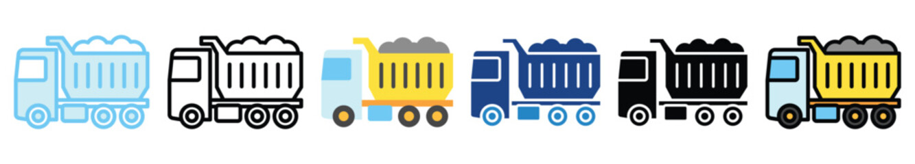 Naklejka premium Dump Truck multi style, mini illustration icon. outline, flat, glyph, line color, UI, UX, app and web, digital or print. related to heavy machinery, industry, road construction theme