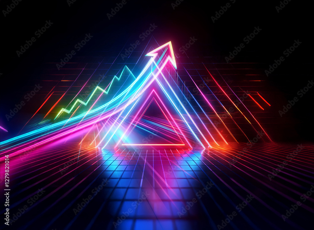 Poster vibrant double exposure art featuring a neon triangle and upward arrow on a grid. futuristic and dyn