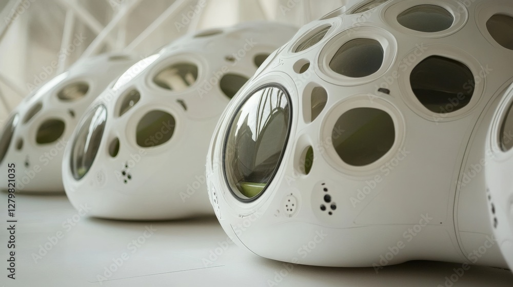 Poster futuristic white pod-like structures with round windows in a modern architectural setting