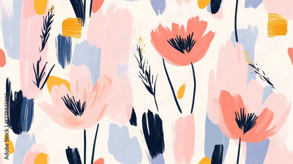 Poster delicate flowers and abstract shapes create a lively spring pattern filled with vibrant colors, perf