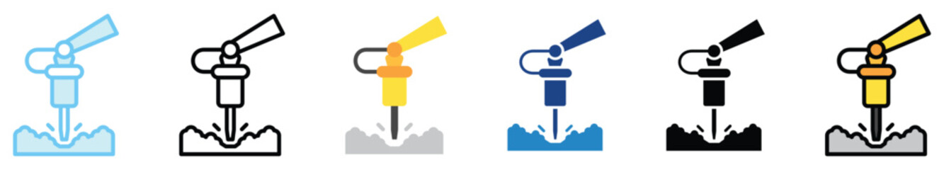 Hydraulic Breaker multi style, mini illustration icon. outline, flat, glyph, line color, UI, UX, app and web, digital or print. related to heavy machinery, industry, road construction theme