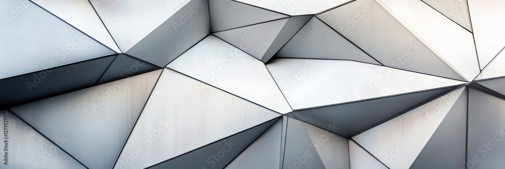 Poster metallic panels creating an abstract geometric design on a modern building facade, reflecting light 