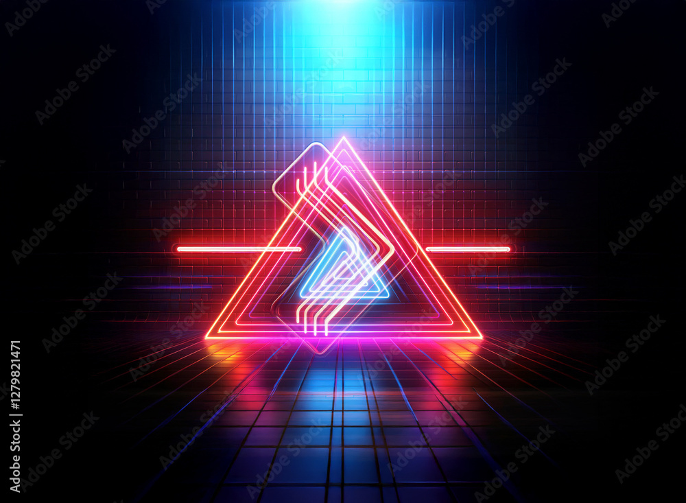 Poster vibrant double exposure art featuring a neon triangle with glowing lines and shapes against a dark g
