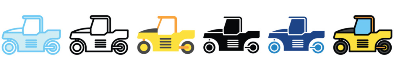 Roller Compactor multi style, mini illustration icon. outline, flat, glyph, line color, UI, UX, app and web, digital or print. related to heavy machinery, industry, road construction theme