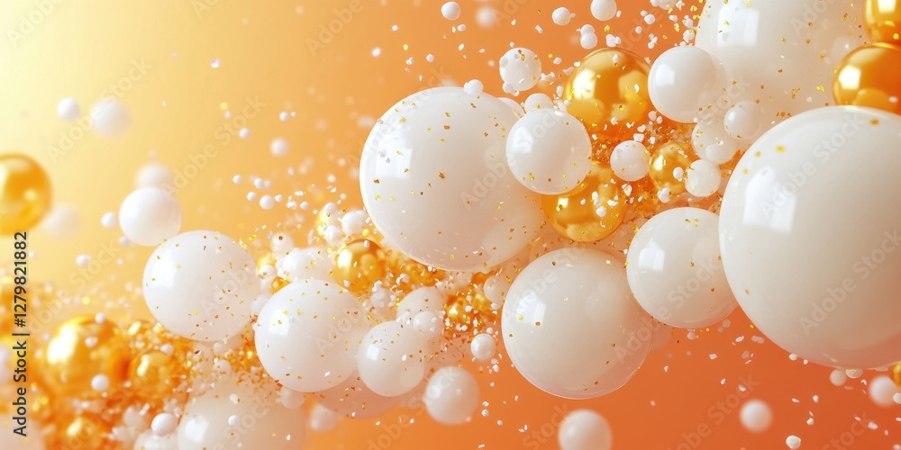 Poster vibrant and colorful abstract background with floating spheres and bubbles in white and gold for cre