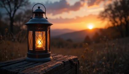 Old lantern standing on a wooden plank glowing under the sunrise, sky in different times of the day with a vintage streetlight style in a city with clouds in the background