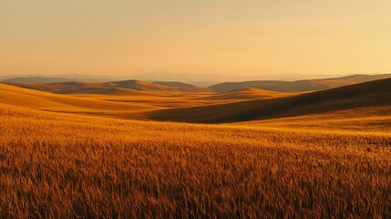 Obraz premium Golden Wheat Field Landscape at Sunset with Rolling Hills and Warm Light