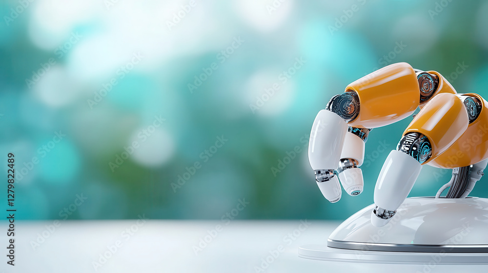 Poster robotic hand with orange and white segments rests on smooth surface against blurred blue and green b