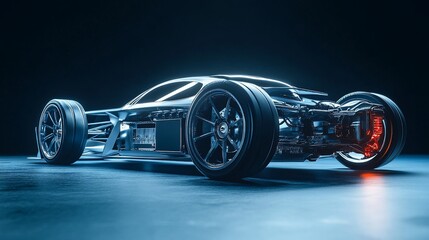 Futuristic sports car studio shot, rear view, dark background, automotive design