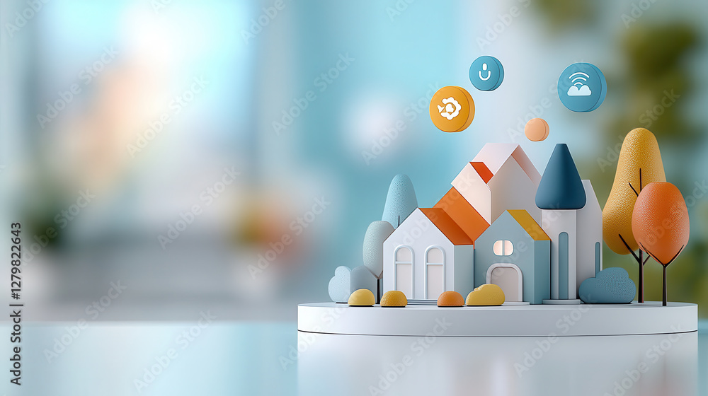 Fototapete miniature model of smart home with vibrant colors and technology icons representing automation and connectivity. scene is set against blurred background, highlighting concept of modern living