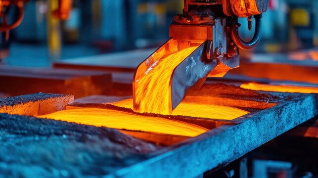 Molten metal flowing into a casting mold in a steel mill.  Close-up view highlighting the intense heat and industrial process.