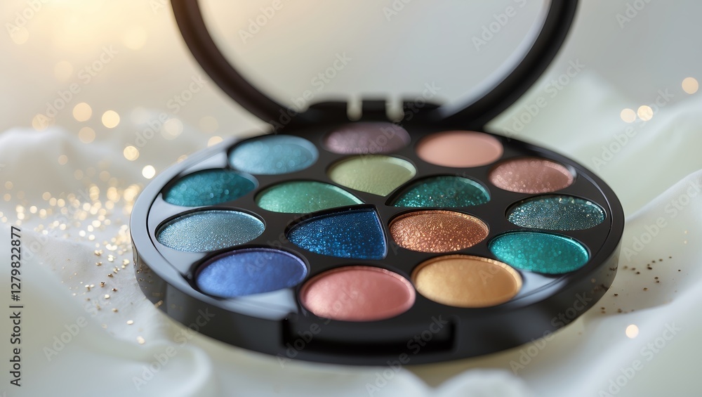 Poster colorful eyeshadow palette displayed on a soft surface with sparkles in the background, ideal for ma