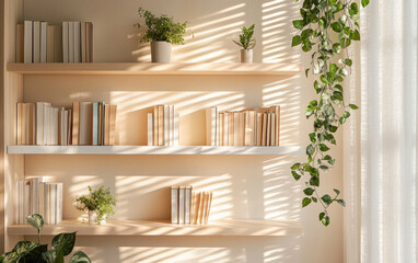 A serene bookshelf with plants and sunlight casting shadows.