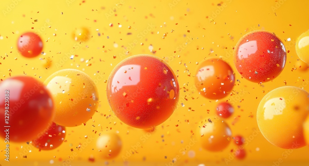 Poster vibrant colorful spheres with sparkles floating against a bright yellow background for creative and 