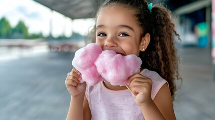 Happy girl eating cotton candy outdoors